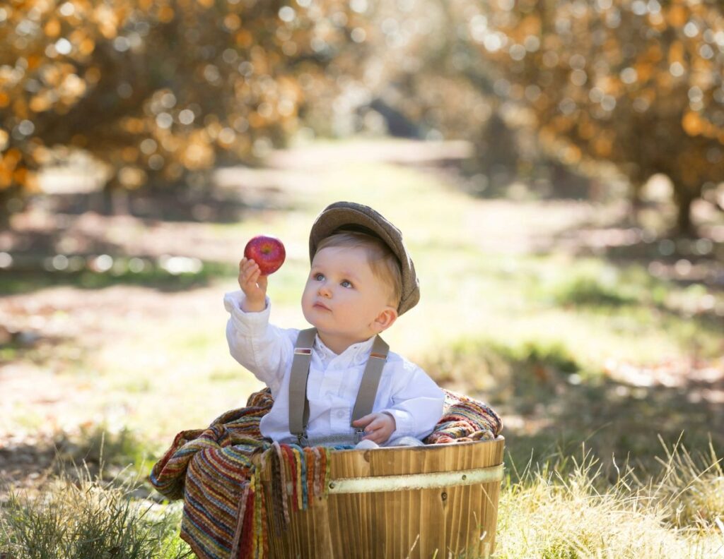 Niño en el bosque cogiendo una manzana. Niño con boina y camisa en el bosque cogiendo una manzana.